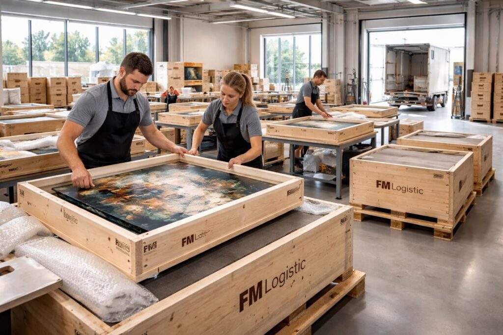 découvrez le service d'emballage et d'expédition de toiles pour artistes avec des caisses sur mesure fm logistic, garantissant une protection optimale et un transport sécurisé de vos œuvres.