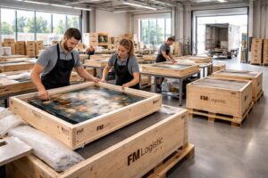 découvrez le service d'emballage et d'expédition de toiles pour artistes avec des caisses sur mesure fm logistic, garantissant une protection optimale et un transport sécurisé de vos œuvres.